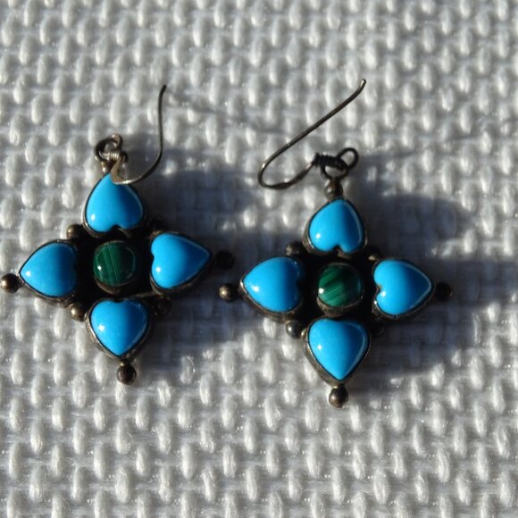 Sterling Silver Turquoise and Malachite Pierced Earrings - Picture 5 of 7